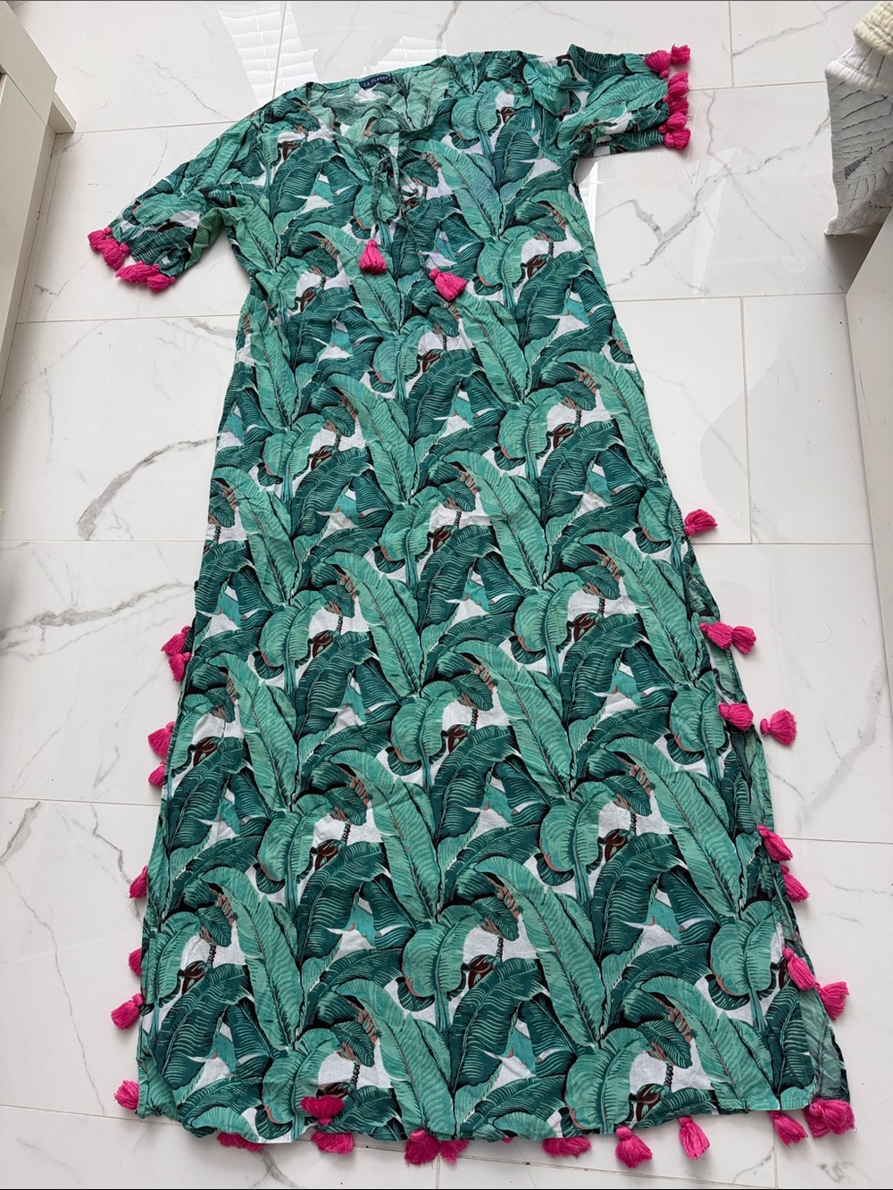 Tropical Green Leaf Maxi Dress with Pink Tassels
SZ: S